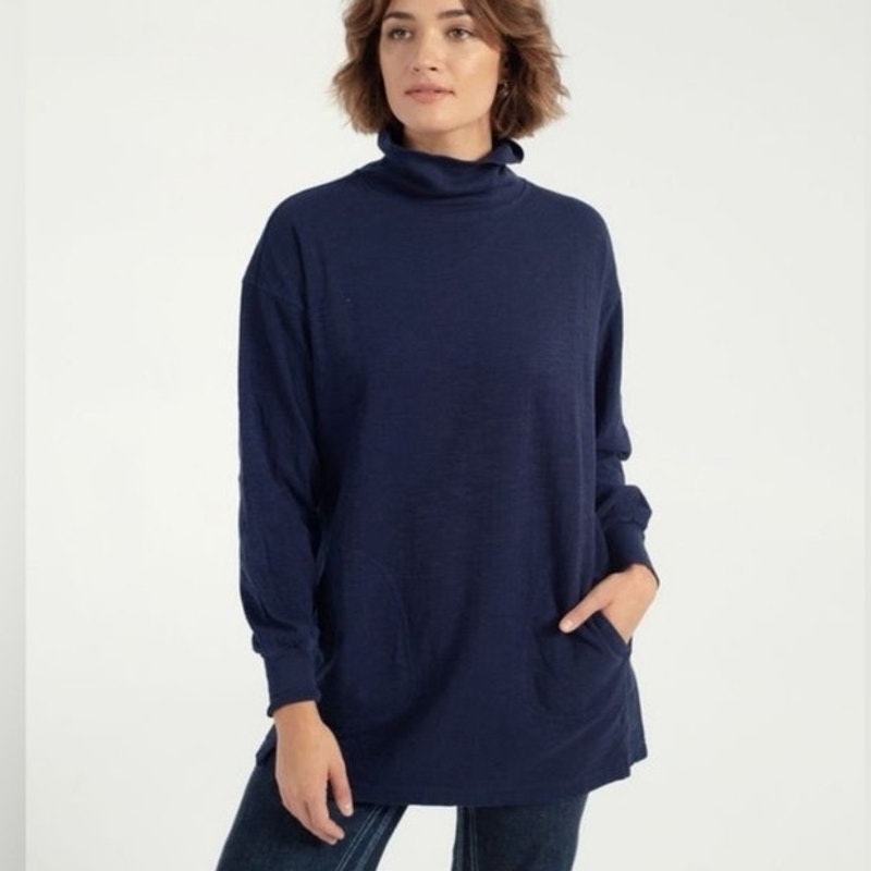 Apiece Apart Emprys Pullover Navy Blue Oversized Turtleneck Organic Minimalist